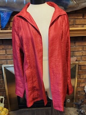 Chicos Red Shimmery Open Front Lightweight Jacket Size Large